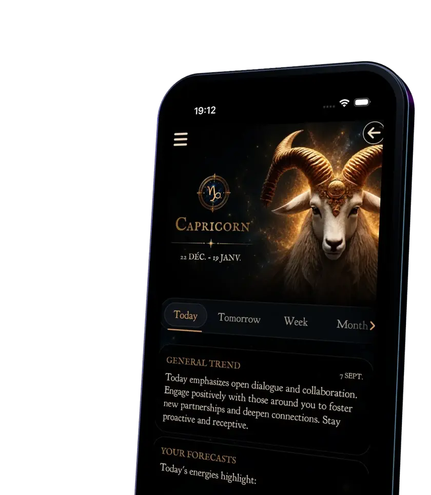 Astral Secrets home screen: dark celestial interface with daily horoscope, tarot card and zodiac wheel