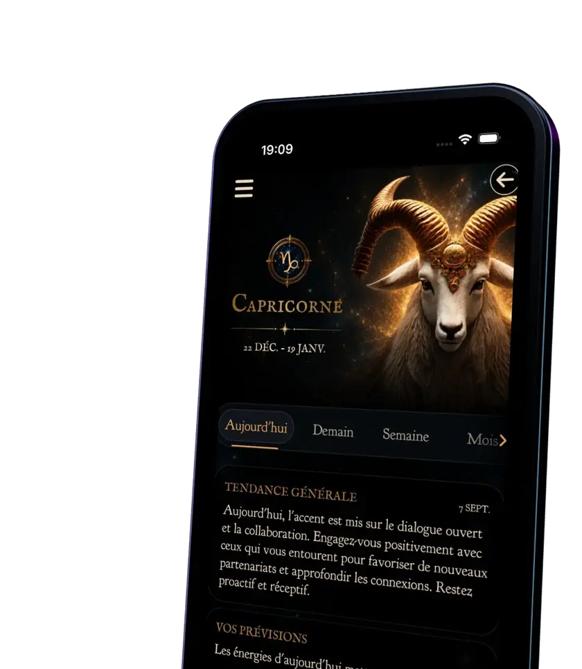 Écran d'accueil de l'application Astral Secrets, interface céleste sombre avec horoscope du jour, carte de tarot et roue du zodiaque