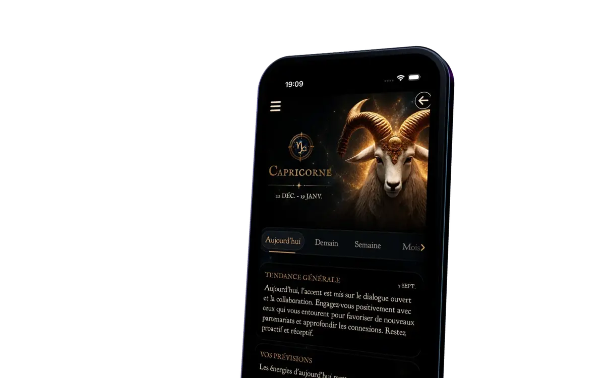Écran d'accueil de l'application Astral Secrets, interface céleste sombre avec horoscope du jour, carte de tarot et roue du zodiaque