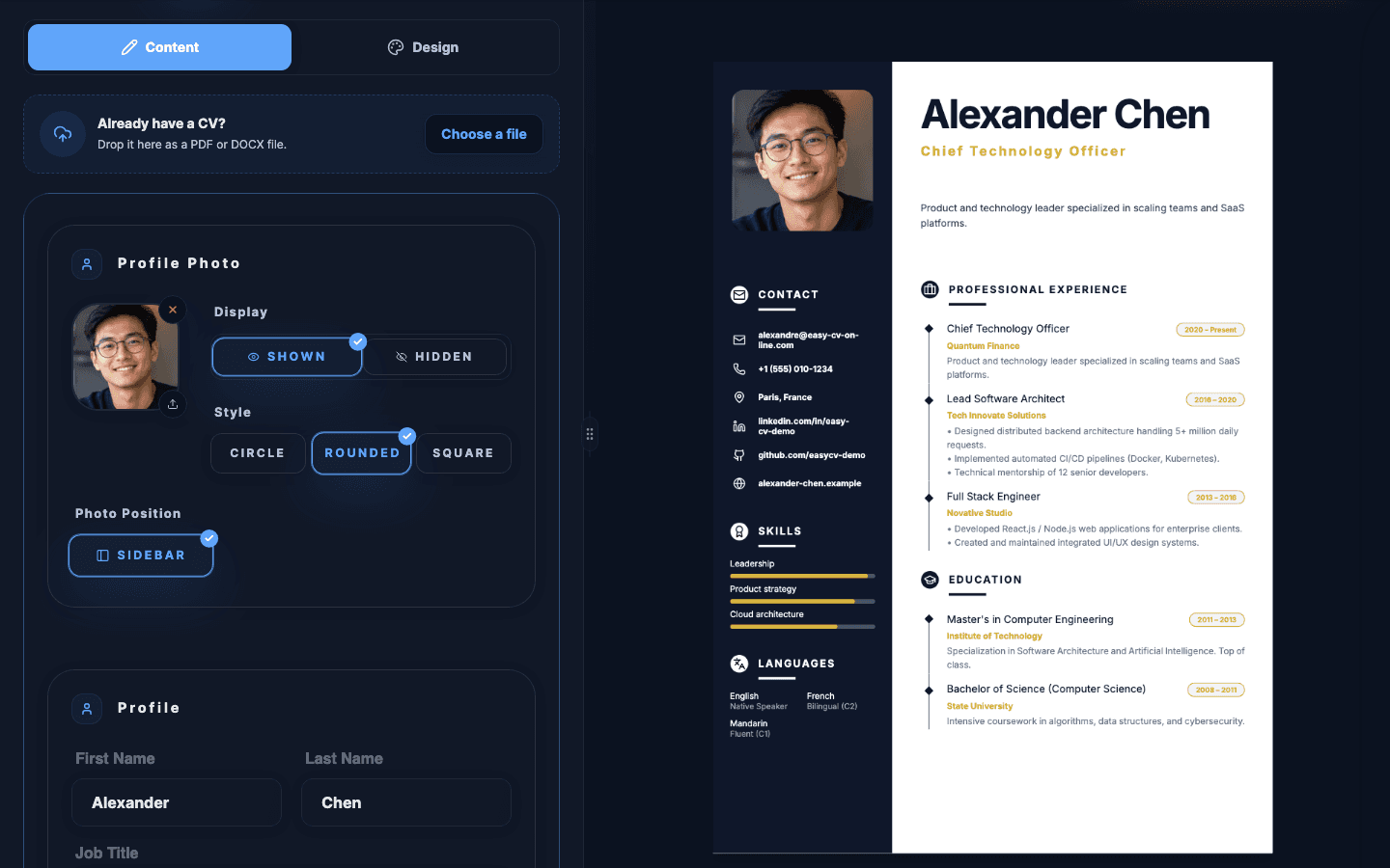 The EasyCV CV editor at work